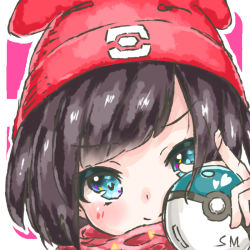 Rule 34 | 1girl, beanie, black hair, blue eyes, blush, closed mouth, commentary request, creatures (company), game freak, hat, heart, holding, holding poke ball, looking at viewer, nintendo, nokocchin, outline, poke ball, pokemon, pokemon sm, portrait, red hat, selene (pokemon), smile, solo, swept bangs, two-tone background, white outline