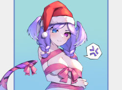 Rule 34 | 1girl, anger vein, blue background, blue eyes, braid, breasts, cleavage, commentary, english commentary, fang, goat king, hat, head wings, heterochromia, highres, large breasts, long hair, naked ribbon, nijisanji, nijisanji en, purple eyes, purple hair, ribbon, santa hat, selen tatsuki, skin fang, solo, spoken anger vein, tail, twin braids, upper body, virtual youtuber, wings