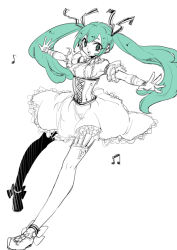 Rule 34 | 1girl, aqua eyes, aqua hair, bad id, bad pixiv id, corset, dress, hatsune miku, long hair, monochrome, musical note, open mouth, simple background, sketch, solo, spot color, thighhighs, tobi (one), twintails, vocaloid, white background