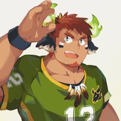 Rule 34 | 1boy, :d, american football uniform, animal ears, bara, brown eyes, brown hair, cow boy, cow ears, cow horns, dark-skinned male, dark skin, facial hair, fiery horns, forked eyebrows, glowing horns, goatee, green shirt, gundan, hand up, highres, horns, light blush, looking up, male focus, muscular, muscular male, open mouth, pectoral cleavage, pectorals, shirt, short hair, short sleeves, sideburns stubble, smile, solo, spiked hair, sportswear, stubble, thick eyebrows, tokyo houkago summoners, upper body, v-shaped eyebrows, wakan tanka, white background