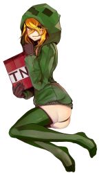 Rule 34 | 1girl, absurdres, ass, at2., creeparka, creeper, cupa (at2.), explosive, highres, hood, hoodie, minecraft, parka, smile, striped clothes, striped thighhighs, thighhighs, tnt, vertical-striped clothes, vertical-striped thighhighs