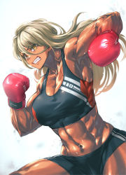Rule 34 | 1girl, abs, armpits, bare shoulders, black shorts, black sports bra, blonde hair, boxing gloves, breasts, cleavage, clenched teeth, collarbone, commentary request, cowboy shot, dark-skinned female, dark skin, groin, hair between eyes, highres, incoming attack, incoming punch, large breasts, long hair, looking at viewer, midriff, mikel (4hands), muscular, muscular female, navel, original, punching, short shorts, shorts, simple background, solo, sports bra, standing, sweat, teeth, veins, veiny arms, white background, yellow eyes
