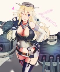 Rule 34 | 10s, 1girl, asymmetrical legwear, bare shoulders, belt, blonde hair, blue eyes, breasts, character name, cleavage, clothes writing, detached sleeves, elbow gloves, garter straps, gloves, hayabusa, headgear, heart, iowa (kancolle), kantai collection, large breasts, long hair, looking at viewer, machinery, miniskirt, mismatched legwear, navel, one eye closed, salute, skirt, solo, thighhighs, white gloves, zettai ryouiki