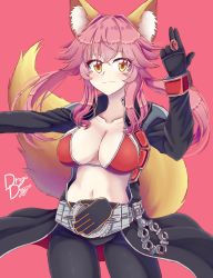 Rule 34 | 1girl, absurdres, animal ear fluff, animal ears, black gloves, blush, bra, breasts, collarbone, drogo doggo, fate/grand order, fate (series), fox ears, fox girl, fox tail, gloves, highres, kamen rider, kamen rider wizard (series), large breasts, long hair, navel, pink background, pink hair, red bra, simple background, smile, solo, split ponytail, tail, tamamo (fate), tamamo no mae (fate/extra), underwear, yellow eyes