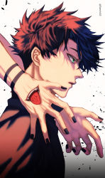 Rule 34 | 2boys, arm tattoo, black hair, black jacket, black nails, fushiguro megumi, green eyes, hand focus, hand mouth, high collar, highres, jacket, jujutsu kaisen, litchi (taechiii2), looking away, male focus, multiple boys, nail polish, out of frame, outstretched arms, parted lips, profile, ryoumen sukuna (jujutsu kaisen), short hair, solo focus, spiked hair, tattoo, tongue, tongue out, tongue tattoo, upper body, white background, yaoi