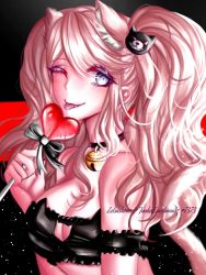 Rule 34 | 1girl, animal ears, armband, bear hair ornament, bell, black armband, black background, black bow, black choker, black ribbon, black shirt, blonde hair, blue eyes, bow, breasts, candy, cat ears, choker, cleavage cutout, closed mouth, clothing cutout, danganronpa: trigger happy havoc, danganronpa (series), ears, enoshima junko, food, hair ornament, heart-shaped lollipop, large breasts, lollipop, looking at viewer, multicolored background, neck bell, one eye closed, red background, ribbon, shirt, simple background, strapless, tongue, tongue out, tube top, upper body, wink, zetsushima