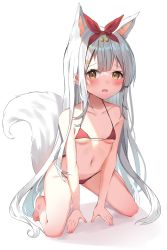 Rule 34 | 1girl, all fours, animal ears, barefoot, bikini, blush, breasts, collarbone, commentary request, extra ears, fox ears, fox girl, fox tail, full body, hair ornament, hair ribbon, hairclip, highres, kneeling, long hair, looking at viewer, micro bikini, mizuki ryuu, navel, original, parted lips, red bikini, ribbon, shadow, silver hair, simple background, small breasts, solo, swimsuit, tail, very long hair, white background, yellow eyes