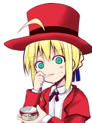 Rule 34 | 1girl, ahoge, alternate costume, artoria pendragon (all), artoria pendragon (fate), blonde hair, cornelius alba, cornelius alba (cosplay), cosplay, eating, fate/grand order, fate/stay night, fate (series), female focus, food, green eyes, haagen-dazs, hat, ice cream, ice cream scoop, kara no kyoukai, long hair, looking at viewer, saber (fate), sen (astronomy), simple background, solo, sweatdrop, top hat, white background, wide-eyed