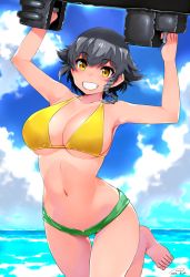 Rule 34 | 1girl, arms up, barefoot, bikini, bikini top only, braid, breasts, cloud, dated, day, girls und panzer, green shorts, grin, happa (cloverppd), large breasts, looking at viewer, micro shorts, orange eyes, outdoors, pepperoni (girls und panzer), short hair, short shorts, shorts, side braid, signature, sky, smile, solo, swimsuit, yellow bikini