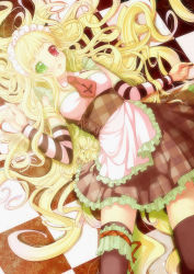 Rule 34 | 1girl, apron, black thighhighs, blonde hair, blush, breasts, bridal garter, checkered background, curly hair, detached sleeves, female focus, from above, green eyes, heterochromia, highres, long hair, lying, maid, maid apron, maid headdress, necktie, on back, on floor, original, red eyes, solo, spirtie, striped, thighhighs, very long hair, waist apron, zettai ryouiki