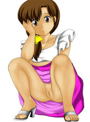 Rule 34 | 1girl, anus, artist request, bow, breasts, brown eyes, brown hair, censored, cleavage, collarbone, grey footwear, hair bow, high heels, large breasts, long hair, looking at viewer, no panties, ponytail, purple skirt, pussy, ranma 1/2, shirt, shoes, short sleeves, skirt, smile, squatting, tendou kasumi, white background, white shirt