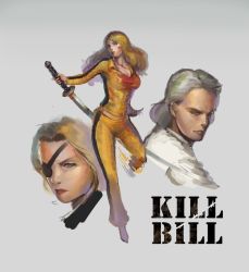Rule 34 | agidulle, beatrix kiddo, bill (kill bill), blonde hair, blood, bruce lee&#039;s jumpsuit, elle driver, eyepatch, kill bill, lips, long hair, sword, weapon