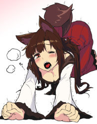 Rule 34 | 1girl, all fours, animal ears, blouse, breasts, brown hair, cat stretch, cleavage, downblouse, imaizumi kagerou, long hair, long sleeves, looking at viewer, one eye closed, open mouth, red eyes, shirt, skirt, solo, stretching, sweat, tail, taketora suzume, tears, top-down bottom-up, touhou, trembling, white shirt, wide sleeves, wolf ears, wolf tail, yawning