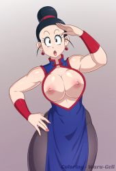 Rule 34 | 1girl, bare shoulders, black eyes, black hair, breasts, breasts out, chi-chi (dragon ball), curvy, dragon ball, female focus, highres, large breasts, looking at viewer, nipples, open mouth, solo, standing, text focus, toshkarts, wide hips