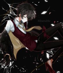 Rule 34 | 1boy, 2you, black background, black hair, black pants, closed mouth, dear vocalist, facing to the side, highres, jjajj, long sleeves, looking at viewer, male focus, necktie, pants, red vest, shirt, short hair, solo, vest, white shirt, yellow eyes, yellow necktie