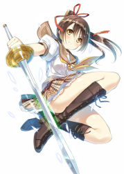 Rule 34 | 1girl, boots, brown eyes, brown footwear, brown hair, cross-laced footwear, fantasy, fringe trim, hair ribbon, holding, holding sword, holding weapon, huyukaaki, jumping, knee boots, knees, knees up, lace-up boots, lace trim, laced shoes, long hair, looking to the side, neckerchief, original, plaid, plaid skirt, pleated skirt, ponytail, red ribbon, ribbon, school uniform, serafuku, short sleeves, simple background, skirt, solo, sword, weapon