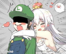 Rule 34 | &gt; &lt;, 1boy, 1girl, bad id, bad pixiv id, bare shoulders, blouse, blue overalls, blush, boo (mario), breasts, cleavage, closed eyes, crown, dress, earrings, elbow gloves, emphasis lines, facial hair, flying sweatdrops, frilled dress, frilled gloves, frills, ghost, gloves, green hat, green shirt, green sweater, grey background, hair between eyes, hat, heart, hug, hug from behind, jewelry, large breasts, long hair, luigi, luigi&#039;s mansion, mario (series), mini crown, mustache, new super mario bros. u deluxe, nintendo, no bra, open mouth, overalls, princess king boo, scared, shaded face, sharp teeth, shirt, sideboob, sleeveless, sleeveless dress, super crown, sweater, teeth, white dress, white gloves, white hair, winged heart, wings, yadapot