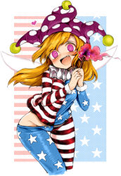 Rule 34 | 1girl, american flag dress, blonde hair, clothes pull, clownpiece, cropped legs, dress, fairy wings, fang, fire, fur trim, harusame (unmei no ikasumi), hat, head tilt, heart, holding, jester cap, leaning forward, long hair, long sleeves, looking at viewer, microdress, neck ruff, no panties, pantyhose, pantyhose pull, pink hair, polka dot, ringed eyes, smile, solo, star (symbol), star print, striped clothes, striped dress, thigh gap, torch, touhou, wings