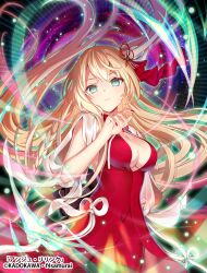 Rule 34 | 1girl, absurdres, ange relink, bare arms, blonde hair, breasts, cleavage, closed mouth, dress, floating hair, gari (apollonica), green eyes, hair ribbon, highres, long hair, looking at viewer, medium breasts, nail polish, official art, red dress, red nails, red ribbon, ribbon, sleeveless, sleeveless dress, solo, standing, very long hair