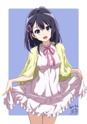 Rule 34 | 1girl, artist name, black eyes, black hair, blue background, cardigan, collar, commentary, cowboy shot, dated, dress, frilled collar, frilled dress, frills, hair ribbon, high collar, highres, long hair, looking at viewer, medium hair, neck ribbon, nii manabu, on shoulder, open mouth, original, outside border, pink dress, pink ribbon, ribbon, short dress, signature, skirt hold, smile, solo, standing, yellow cardigan