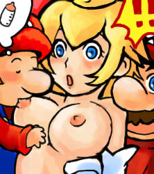 Rule 34 | !, !!, 1girl, 2boys, age difference, artist request, baby, baby bottle, baby mario, blonde hair, blue eyes, blush, bottle, breast sucking, breastfeeding, breasts, brown hair, closed eyes, crown, facial hair, facing viewer, lowres, mario, mario (series), medium breasts, multiple boys, mustache, nintendo, princess, princess peach, simple background, source request, speech bubble, spoken exclamation mark, spoken object, super mario bros. 1, surprised, thought bubble, topless frame, upper body