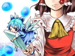 Rule 34 | 2girls, angry, bad id, bad pixiv id, blue eyes, blue hair, bow, brown hair, cirno, detached sleeves, embodiment of scarlet devil, food, hair bow, hakurei reimu, japanese clothes, miko, mini person, minigirl, multiple girls, one eye closed, popsicle, r0g0b0, short hair, touhou, wings, wink