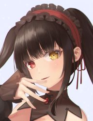 Rule 34 | 1girl, black bow, black choker, black hair, bow, choker, clock eyes, date a live, floating hair, frilled hairband, frills, gem, grey background, hairband, heterochromia, highres, long hair, long sleeves, looking at viewer, mrotan, open mouth, portrait, red eyes, red gemstone, red hairband, red ribbon, ribbon, simple background, sleeves past wrists, solo, symbol-shaped pupils, tokisaki kurumi, twintails, white background, yellow eyes
