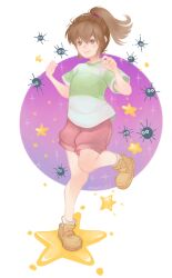 Rule 34 | 1girl, absurdres, brown eyes, brown footwear, brown hair, high ponytail, highres, long hair, mootecky, ogino chihiro, red shorts, sen to chihiro no kamikakushi, shirt, shoes, short sleeves, shorts, smile, socks, solo, standing, standing on one leg, star (symbol), striped clothes, striped shirt, susuwatari, transparent background, white socks
