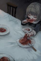 Rule 34 | 1girl, blood, blood on face, blood on hands, brown hair, chair, commentary request, eating, food, fork, half-closed eyes, highres, holding, holding food, kapura, long sleeves, meat, medium hair, original, plate, reaching, solo, table