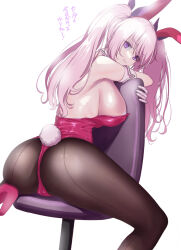 Rule 34 | 1girl, :t, animal ears, ass, black pantyhose, breasts, chair, character request, commentary request, copyright request, gloves, hugging object, inu (aerodog), large breasts, leotard, original, pantyhose, pink hair, playboy bunny, purple eyes, rabbit ears, rabbit tail, red leotard, shiny skin, sideboob, sitting, sitting backwards, solo, tail, translation request, twintails, white gloves