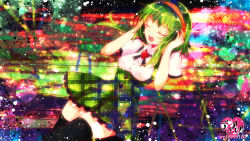 Rule 34 | 1girl, alternate costume, breasts, closed eyes, female focus, green hair, gumi, headphones, open mouth, sazanami shione, shirt, short hair, short sleeves, solo, standing, thighhighs, vocaloid
