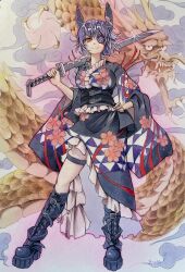 Rule 34 | 1girl, agano class no3, belt, black belt, black footwear, black kimono, boots, breasts, commentary request, cross-laced footwear, dragon, eyepatch, frilled kimono, frills, full body, headgear, highres, japanese clothes, kantai collection, kimono, lace-up boots, large breasts, purple hair, short hair, solo, sword, tenryuu (kancolle), weapon, yellow eyes