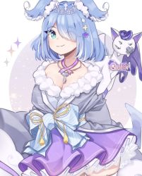 Rule 34 | 1girl, absurdres, aqua eyes, bare shoulders, blue hair, blush, bow, breasts, choker, cleavage, closed mouth, commentary, dress, elira pendora, elira pendora (2nd costume), frills, hair ornament, hair over one eye, highres, jewelry, key, key necklace, looking at viewer, medium breasts, medium hair, miniskirt, necklace, nijisanji, nijisanji en, off shoulder, official alternate costume, pendant, pikl (elira pendora), puncakkes, purple ribbon, purple skirt, ribbon, skirt, smile, sparkle, sparkle background, striped, thighhighs, virtual youtuber, white background, white thighhighs