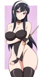 Rule 34 | 1girl, abysswatchers, adapted costume, bare shoulders, black hair, breasts, collarbone, crossed arms, fingerless gloves, gloves, holding, holding weapon, huge breasts, knife, long hair, purple background, red eyes, smile, spy x family, thighhighs, thighs, two-tone background, weapon, white background