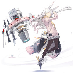 Rule 34 | 1girl, animal ears, armored boots, black pantyhose, boots, closed mouth, commentary request, fringe trim, gradient hair, grey hair, grey skirt, hammer, highres, holding, holding hammer, jacket, long hair, long sleeves, multicolored hair, original, pantyhose, pink hair, pink jacket, pleated skirt, poco (asahi age), rabbit ears, red eyes, scarf, shadow, simple background, skirt, solo, very long hair, white background, yellow scarf