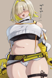 Rule 34 | 1girl, :3, arms at sides, bare shoulders, blonde hair, blush, breasts, commentary request, cowboy shot, crop top, elegg (nikke), fang, gloves, goddess of victory: nikke, hair intakes, hair over eyes, head tilt, highres, large breasts, light brown background, long bangs, looking at viewer, medium hair, multicolored hair, navel, open mouth, purple eyes, short shorts, shorts, simple background, solo, sweatdrop, takeura, thick thighs, thigh strap, thighs, two-tone hair, yellow gloves
