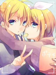 Rule 34 | 1boy, 1girl, :t, alternate costume, arm around neck, blonde hair, blue eyes, bow, brother and sister, casual, chips (food), food, hair bow, hair ornament, hairclip, heads together, hetero, hood, hoodie, hug, kagamine len, kagamine rin, kuroi (liar-player), lens flare, looking at viewer, looking to the side, mouth hold, necktie, potato chips, short hair, siblings, twins, upper body, v, viewfinder, vocaloid