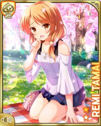 Rule 34 | 1girl, :d, barefoot, black skirt, brown eyes, brown hair, card (medium), cherry blossoms, day, girlfriend (kari), jewelry, kneeling, looking at viewer, low twintails, necklace, official art, open mouth, outdoors, qp:flapper, shirt, skirt, smile, solo, tagme, tamai remi, twintails, white shirt