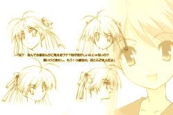 Rule 34 | 00s, 1girl, antenna hair, blush, concept art, eyebrows, looking at viewer, mochida hinako, monochrome, multiple views, myself yourself, simple background, upper body, white background, yellow theme