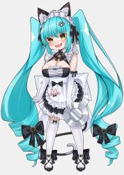 Rule 34 | 1girl, animal ears, apron, black dress, blue hair, blush, breasts, cat ears, cat tail, dress, drill hair, elbow gloves, embarrassed, fake animal ears, fake tail, fang, gloves, goddess of victory: nikke, holding, large breasts, legwear garter, light blue hair, long hair, maid, maid headdress, neck bell, official alternate costume, open mouth, paw hair ornament, privaty (nikke), privaty (unkind maid) (nikke), skin fang, solo, standing, tail, thighhighs, twin drills, twintails, very long hair, white apron, white gloves, white thighhighs, yelingyan520, yellow eyes