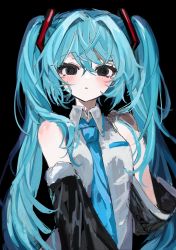 Rule 34 | 1girl, @ @, absurdres, black background, black eyes, black sleeves, blue hair, blue necktie, blush, closed mouth, commentary, detached sleeves, grey shirt, hair intakes, hair ornament, hatsune miku, highres, looking at viewer, necktie, shirt, sleeveless, sleeveless shirt, solo, twintails, upper body, vocaloid, wabun