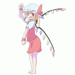 Rule 34 | 1girl, animated, ascot, bacho, barefoot, blonde hair, bloomers, bow, crystal, dancing, fang, flandre scarlet, frilled sleeves, frills, from side, full body, hat, hat bow, looking at viewer, looping animation, lowres, medium hair, mob cap, open mouth, overman king gainer, puffy short sleeves, puffy sleeves, red bow, red eyes, red ribbon, red skirt, ribbon, short sleeves, side ponytail, simple background, skirt, skirt set, solo, the monkey, touhou, ugoira, underwear, white background, wings, wristband, yellow ascot