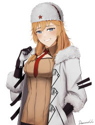 Rule 34 | 1girl, artist name, black gloves, blonde hair, blue eyes, blush, breasts, brown dress, coat, darkpulsegg, dress, girls&#039; frontline, gloves, hair ornament, hairclip, hand in pocket, hand up, jacket, long hair, looking at viewer, medium breasts, mosin-nagant (girls&#039; frontline), mosin-nagant (mod3) (girls&#039; frontline), necktie, open clothes, open coat, open jacket, red necktie, red star, smile, solo, soviet flag, star (symbol), upper body, white background, white coat, white headwear, white jacket