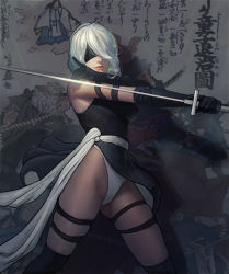 Rule 34 | 1girl, adapted costume, alternate costume, android, armlet, bare shoulders, black dress, blindfold, boots, breasts, commentary, covered eyes, crossed arms, dress, elbow gloves, facing viewer, gloves, high heel boots, high heels, highleg, highleg leotard, holding, holding sword, holding weapon, japanese text, jinlong bai, katana, legs, leotard, medium breasts, nier (series), nier:automata, pelvic curtain, pink lips, reverse grip, sash, silver hair, sleeveless, sleeveless dress, solo, sword, thigh boots, thigh strap, thighhighs, translation request, two-sided fabric, two-sided skirt, weapon, white leotard, 2b (nier:automata)