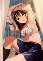 Rule 34 | 1girl, :o, arm up, armpits, artist name, bed, bed sheet, black socks, blue skirt, blush, bow, bow bra, bra, breasts, brown hair, cleavage, collarbone, curtains, green eyes, hair between eyes, hand up, highres, indoors, knee up, kneehighs, lace, lace bra, long hair, long sleeves, looking at viewer, medium breasts, navel, on bed, open mouth, original, pillow, pleated skirt, red bow, scan, school uniform, shirt, sitting, skirt, socks, solo, stomach, surprised, sweat, tearing up, tears, underwear, white bra, white shirt
