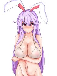 Rule 34 | 1girl, animal ears, bottomless, bra, breasts, embarrassed, groin, highres, large breasts, light purple hair, long hair, navel, out-of-frame censoring, rabbit ears, reisen udongein inaba, see-through, simple background, solo, sprout (33510539), touhou, underwear, white background