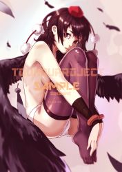 Rule 34 | 1girl, absurdres, artist name, backlighting, bandaged arm, bandages, bangle, black hair, black thighhighs, black wings, bracelet, breasts, brown eyes, chromatic aberration, dated, english text, feathered wings, feathers, foreshortening, full body, hat, highres, hugging own legs, jewelry, knees up, legs together, light, lips, looking at viewer, neck, no shoes, nose, panties, pom pom (clothes), sample watermark, shameimaru aya, shiny skin, short hair, sitting, small breasts, smile, solo, sunshine (1638509769), thighhighs, toes, tokin hat, topless, touching toes, touhou, underwear, underwear only, watermark, white panties, wings, wrist wrap