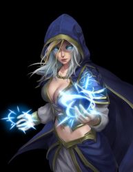 Rule 34 | 1girl, armor, blue cape, breasts, cape, casting spell, cloak, glowing, glowing eyes, gold trim, hearthstone, highres, hood, hooded cloak, human (warcraft), jaina proudmoore, kakipure, mage (warcraft), midriff, pauldrons, shoulder armor, warcraft, world of warcraft