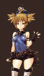 Rule 34 | 1girl, ahoge, bare shoulders, belt, black gloves, blonde hair, blue eyes, breasts, brown background, covered navel, fingerless gloves, gloves, goggles, goggles on head, granblue fantasy, grin, looking at viewer, loose belt, marubonman, medium breasts, nipples, open mouth, pengie, short hair, short shorts, short twintails, shorts, simple background, smile, solo, standing, thighhighs, twintails, waving
