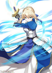 Rule 34 | 1girl, a-senmei, ahoge, armor, armored dress, artoria pendragon (all), artoria pendragon (fate), blonde hair, braid, breastplate, breasts, commentary request, dress, energy, energy sword, excalibur (fate/stay night), fate/stay night, fate (series), gauntlets, green eyes, hair ribbon, highres, long hair, looking at viewer, medium breasts, puffy sleeves, ribbon, saber (fate), short hair, solo, sword, v-shaped eyebrows, weapon